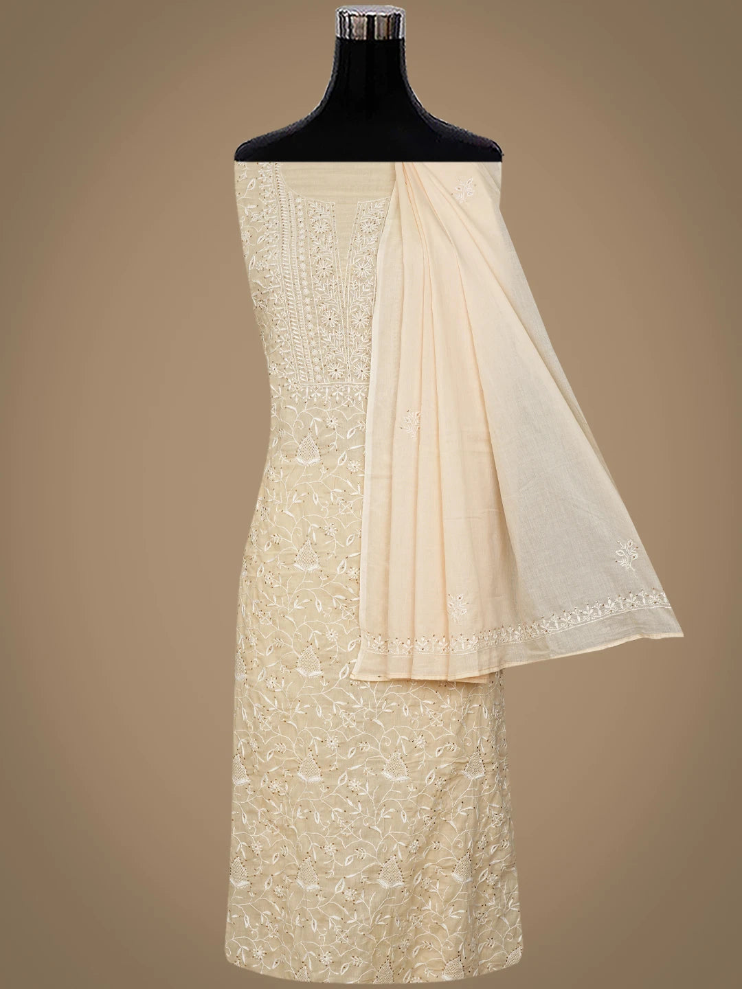 Ada Hand Embroidered Fawn Cotton Lucknowi Chikankari Unstitched Kurta Dupatta Set With Mukaish Work 01A293751
