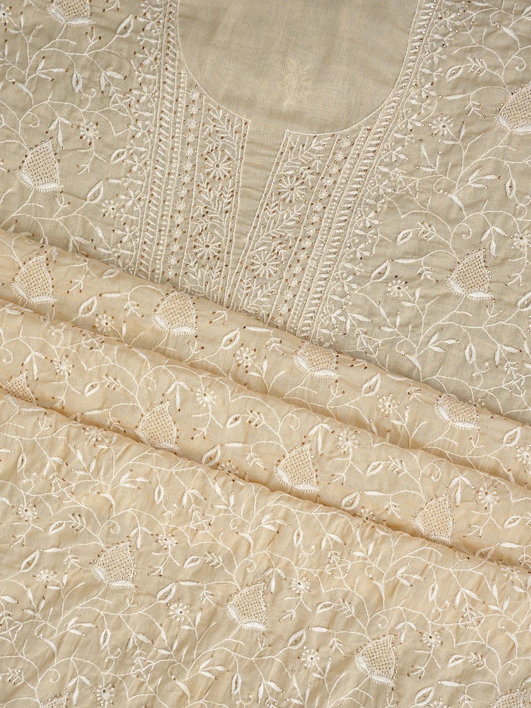 Ada Hand Embroidered Fawn Cotton Lucknowi Chikankari Unstitched Kurta Dupatta Set With Mukaish Work 01A293751