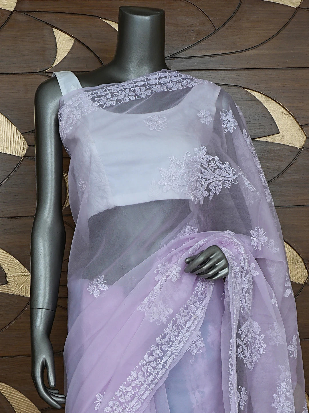 Ada Hand Embroidered Lavender Organza Lucknowi Chikankari Saree and Blouse 01A794104