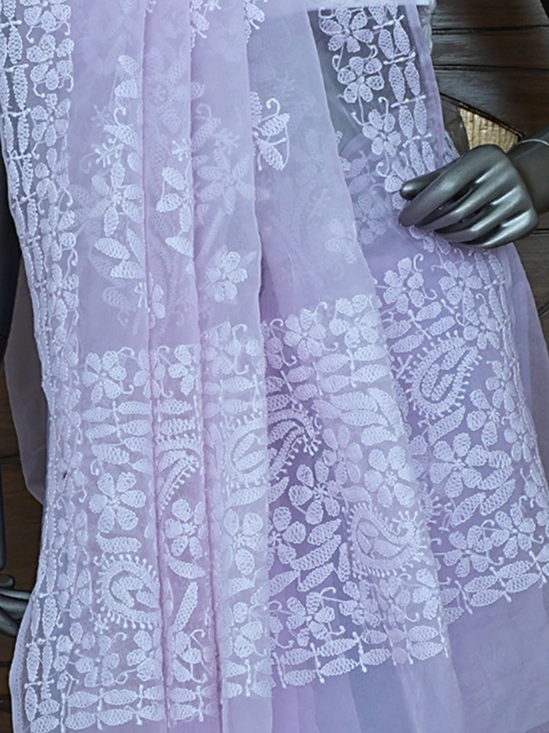 Ada Hand Embroidered Lavender Organza Lucknowi Chikankari Saree and Blouse 01A794104
