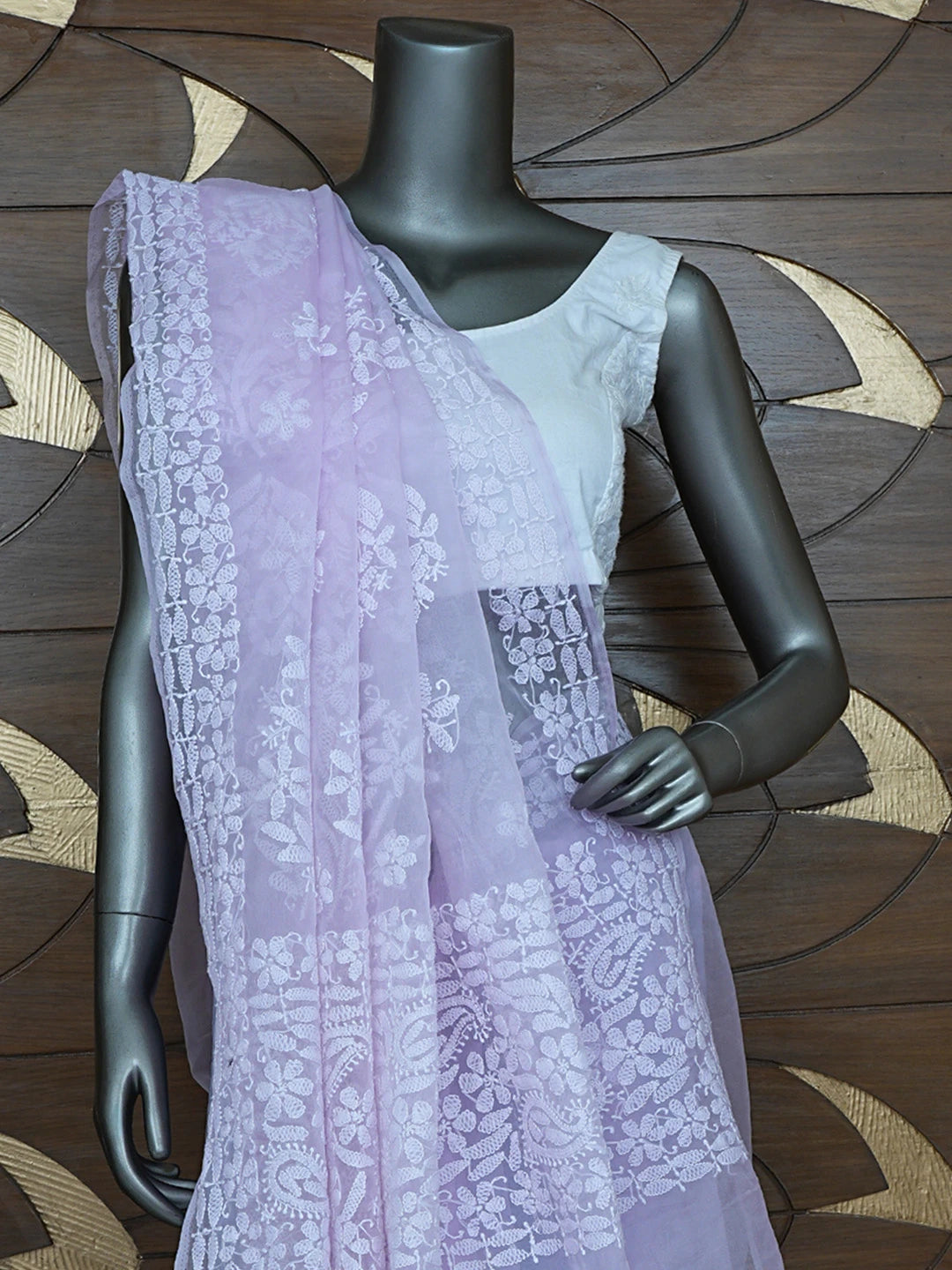 Ada Hand Embroidered Lavender Organza Lucknowi Chikankari Saree and Blouse 01A794104