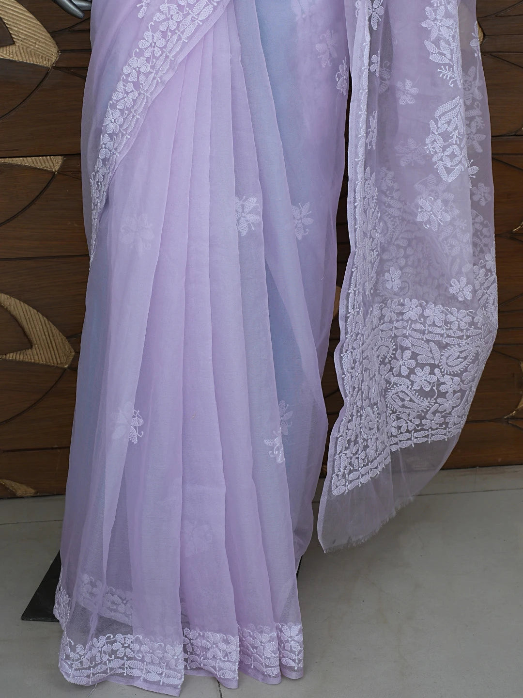 Ada Hand Embroidered Lavender Organza Lucknowi Chikankari Saree and Blouse 01A794104