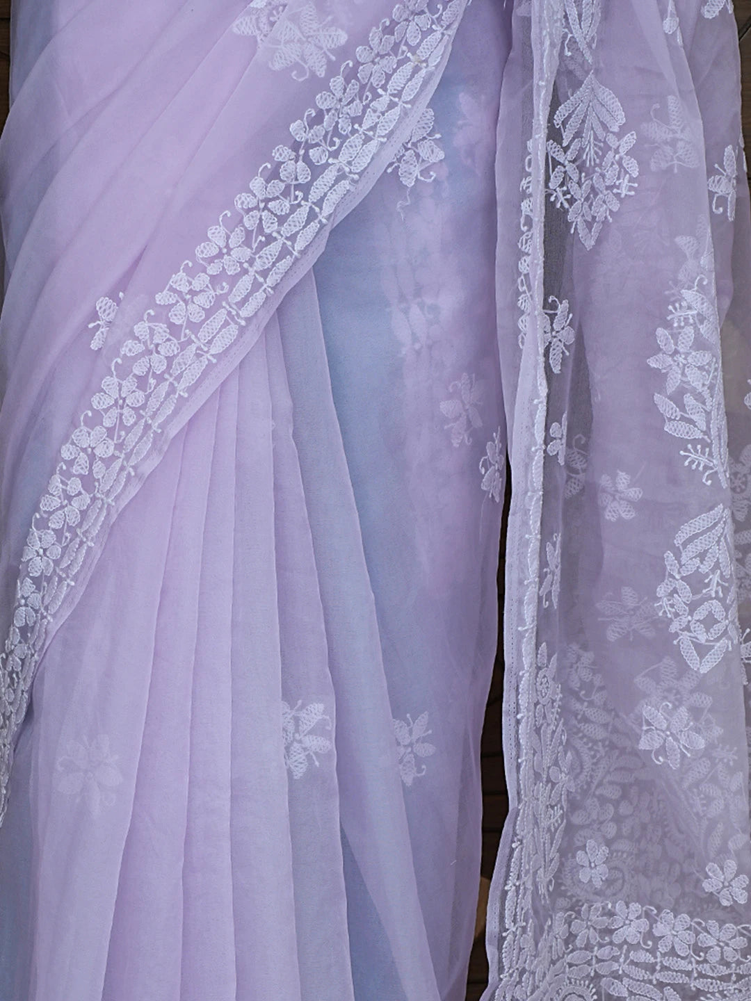 Ada Hand Embroidered Lavender Organza Lucknowi Chikankari Saree and Blouse 01A794104