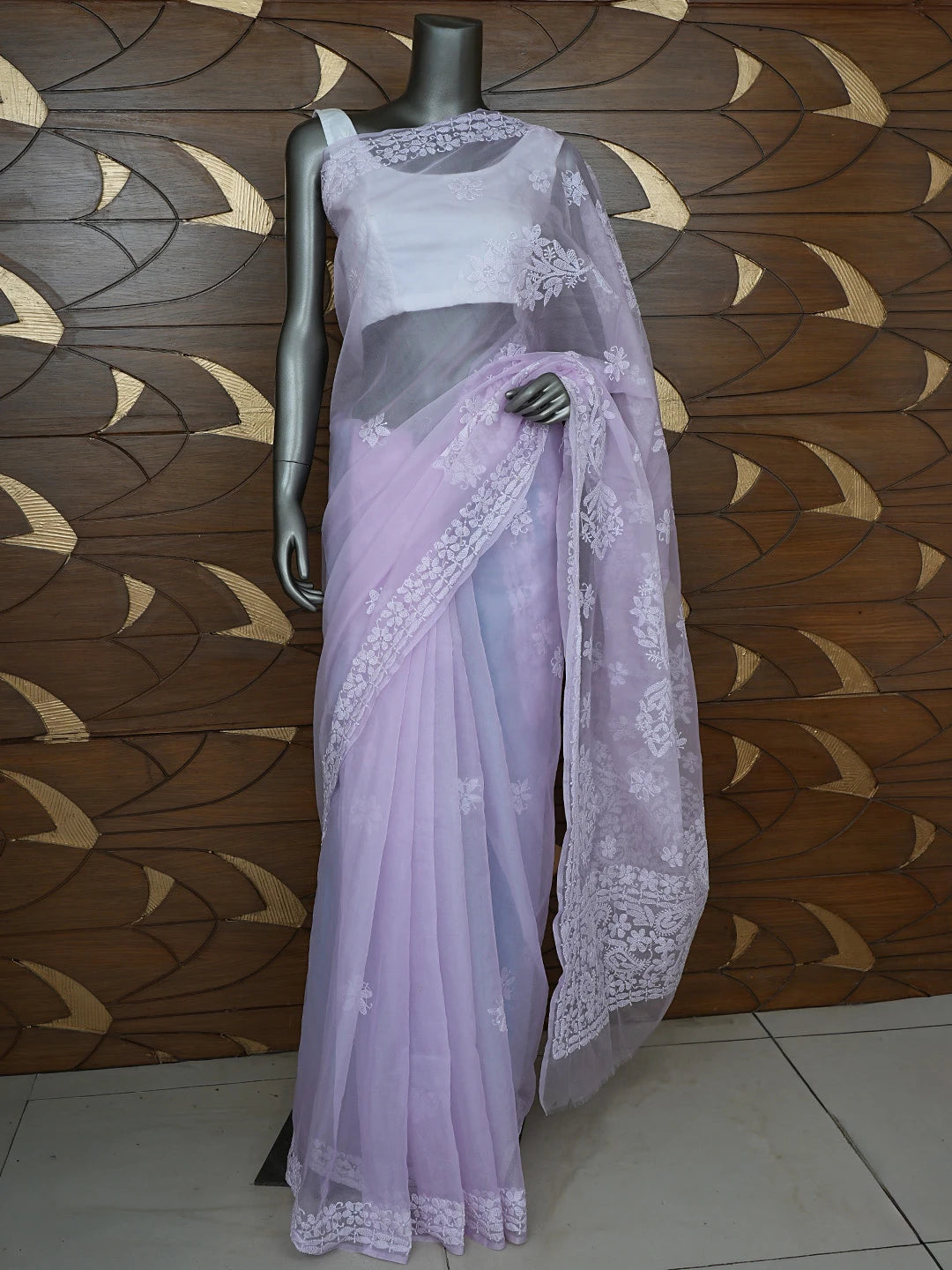 Ada Hand Embroidered Lavender Organza Lucknowi Chikankari Saree and Blouse 01A794104