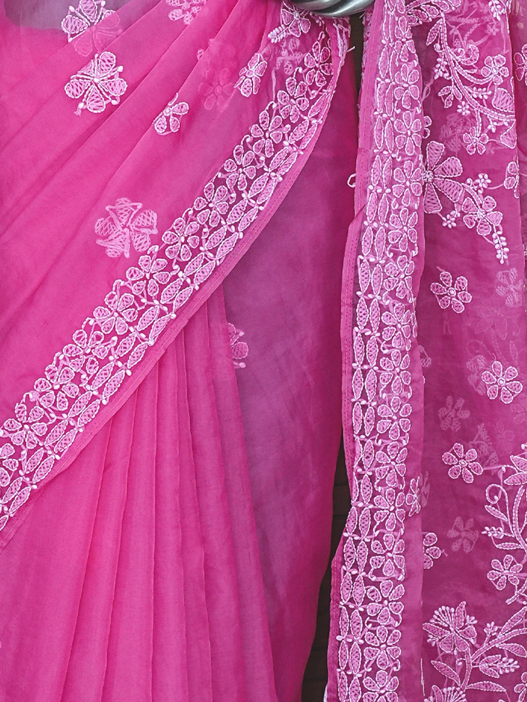Ada Hand Embroidered Magenta Organza Lucknowi Chikankari Saree and Blouse 01A772247