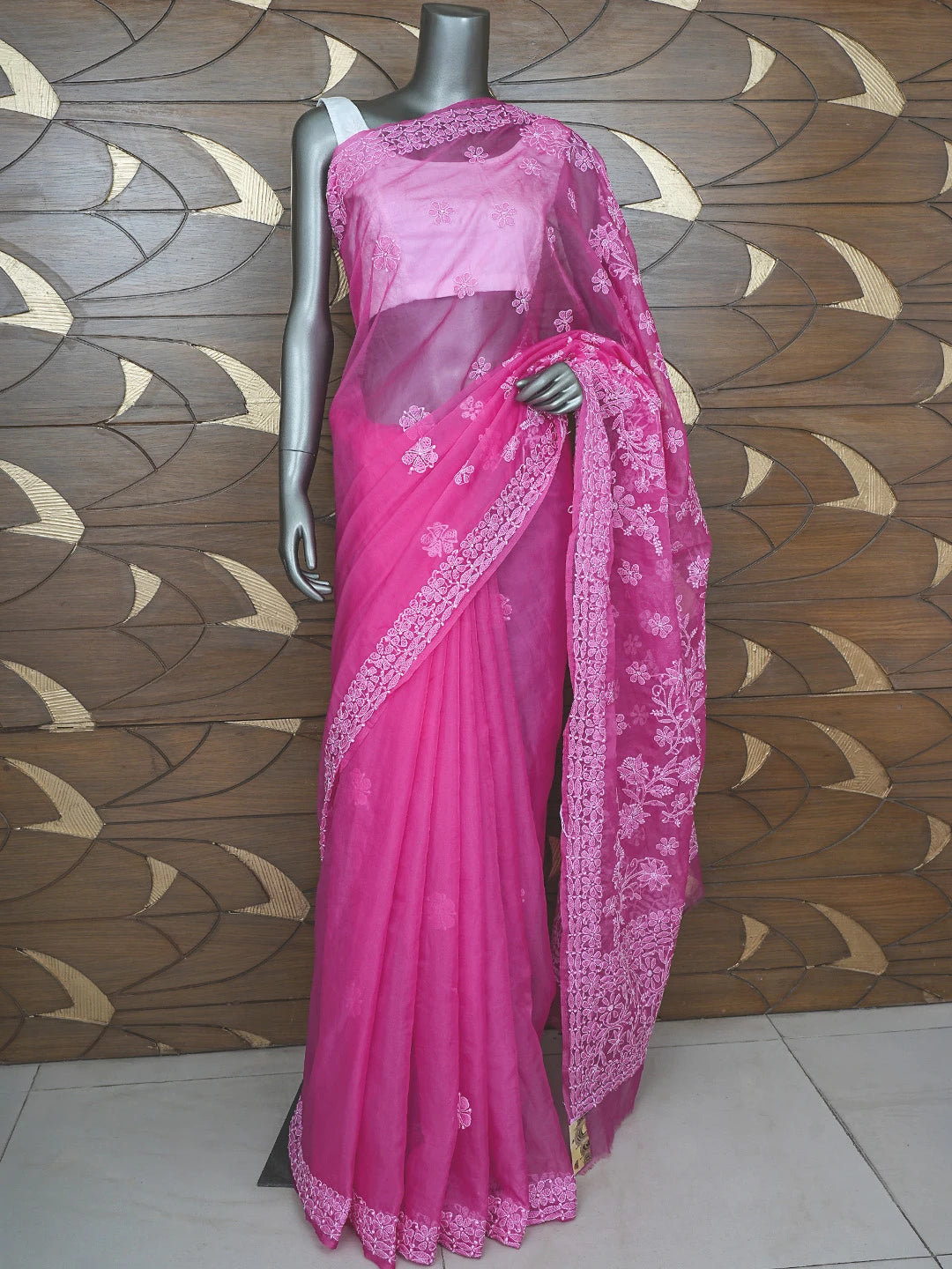 Ada Hand Embroidered Magenta Organza Lucknowi Chikankari Saree and Blouse 01A772247