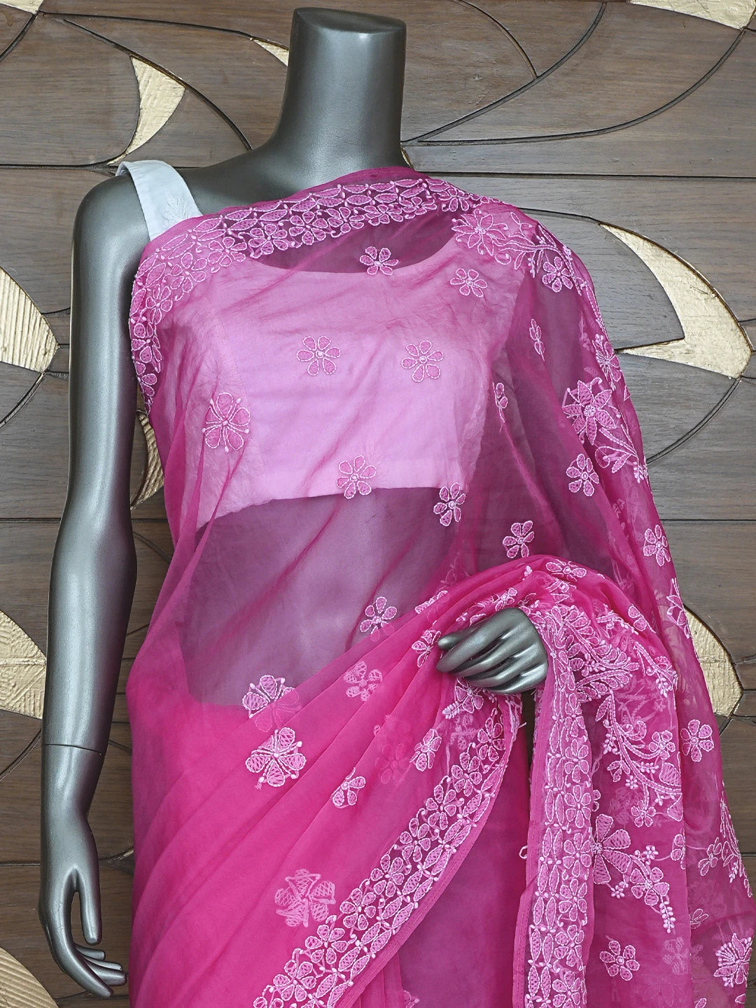 Ada Hand Embroidered Magenta Organza Lucknowi Chikankari Saree and Blouse 01A772247