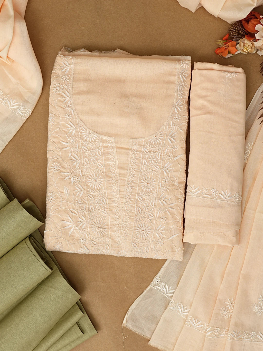 Ada Hand Embroidered Crayola Peach Cotton Lucknowi Chikankari Unstitched Suit Piece 01A345061
