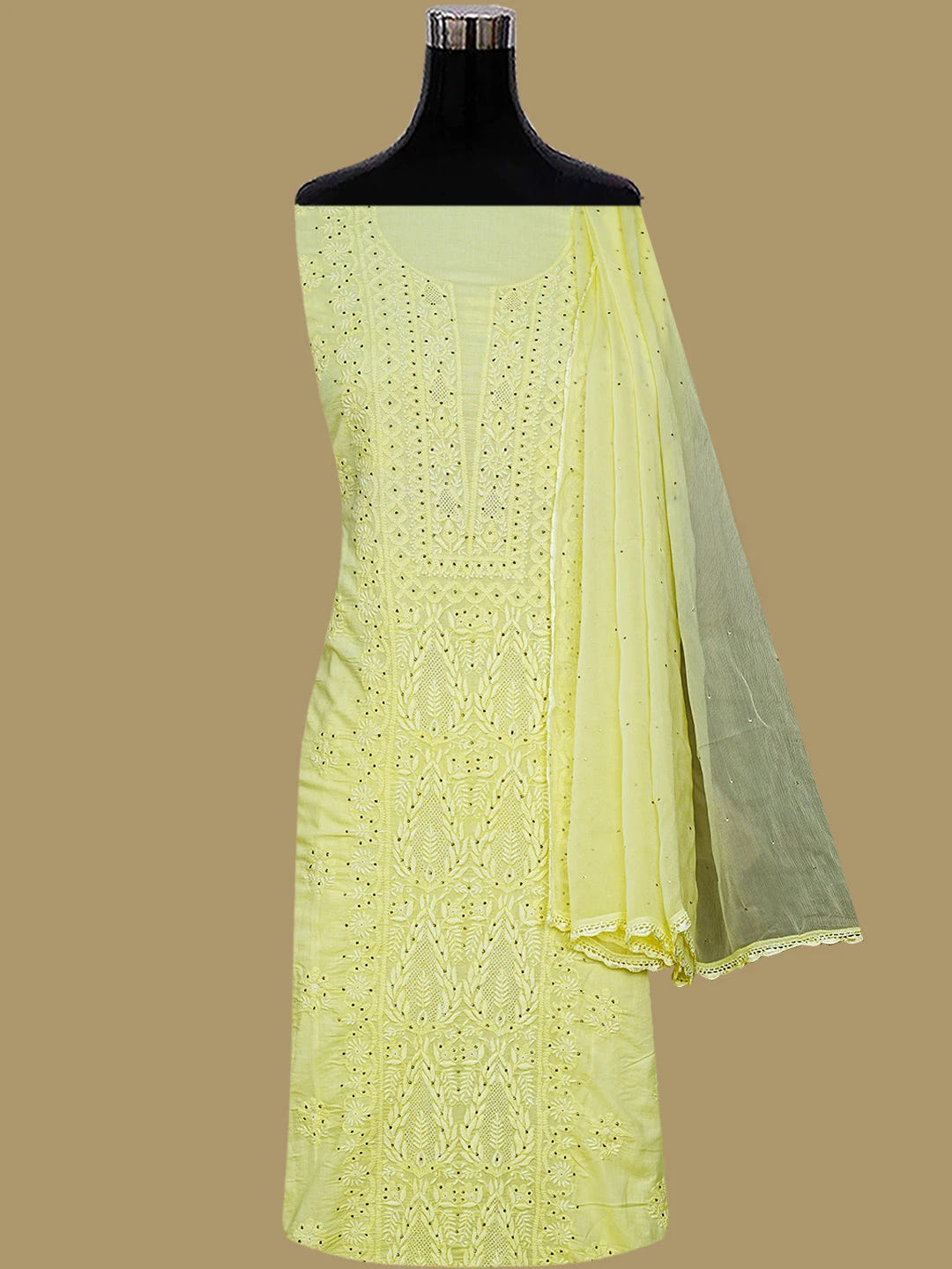 Ada Hand Embroidered Lemon Cotton Lucknowi Chikankari Unstitched Suit Piece With Mukaish Work 01A238468