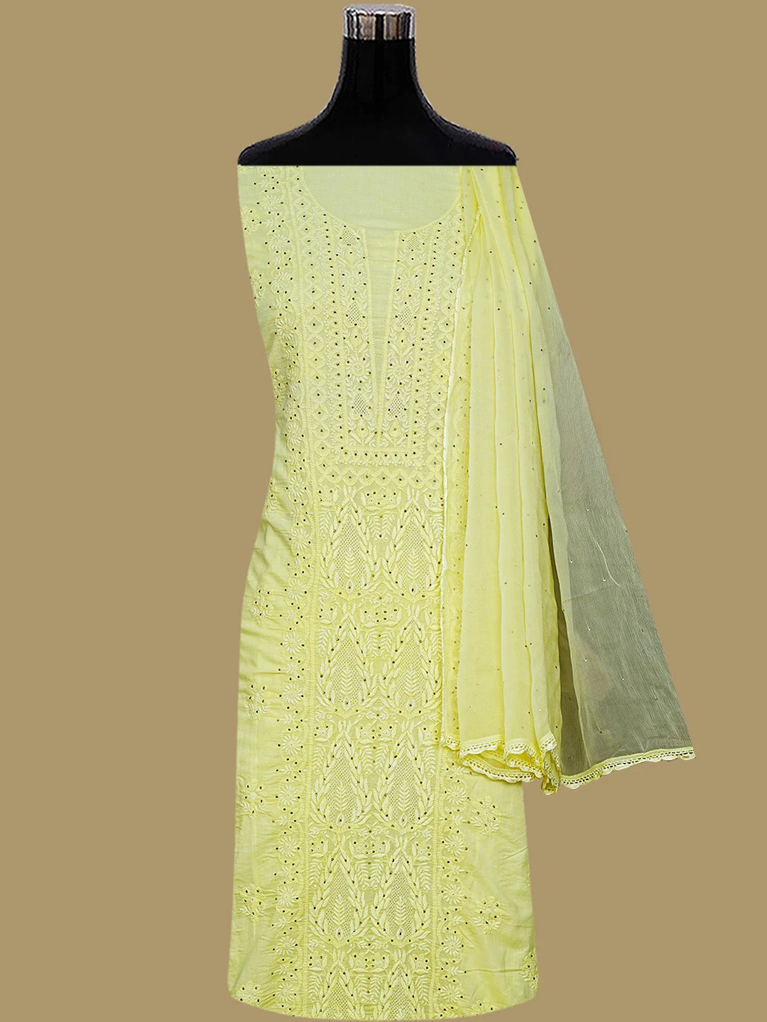 Ada Hand Embroidered Lemon Cotton Lucknowi Chikankari Unstitched Suit Piece With Mukaish Work 01A238468