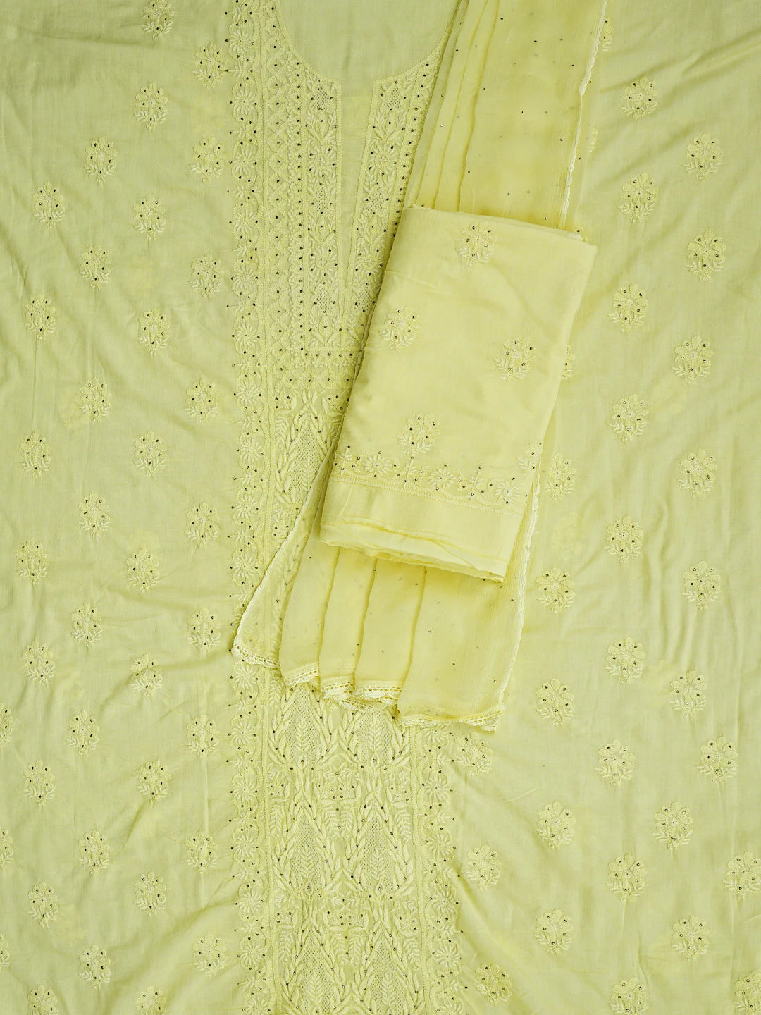 Ada Hand Embroidered Lemon Cotton Lucknowi Chikankari Unstitched Suit Piece With Mukaish Work 01A238468