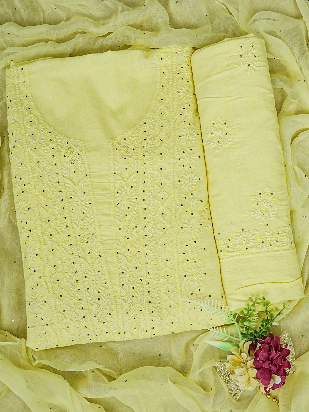 Ada Hand Embroidered Lemon Cotton Lucknowi Chikankari Unstitched Suit Piece With Mukaish Work 01A238468