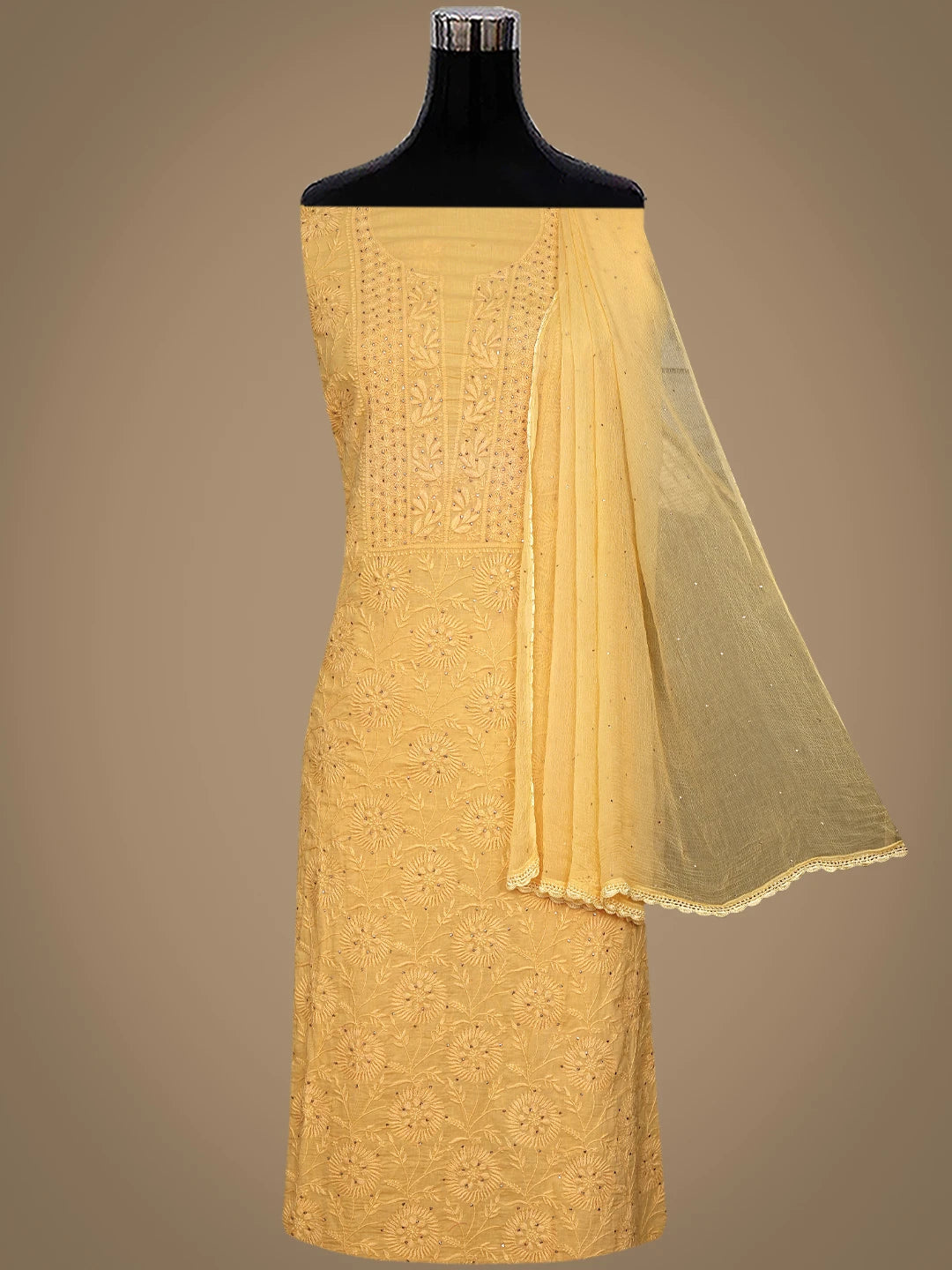 Ada Hand Embroidered California Peach Cotton Lucknowi Chikankari Unstitched Suit Piece With Muqaish Work 01A133639