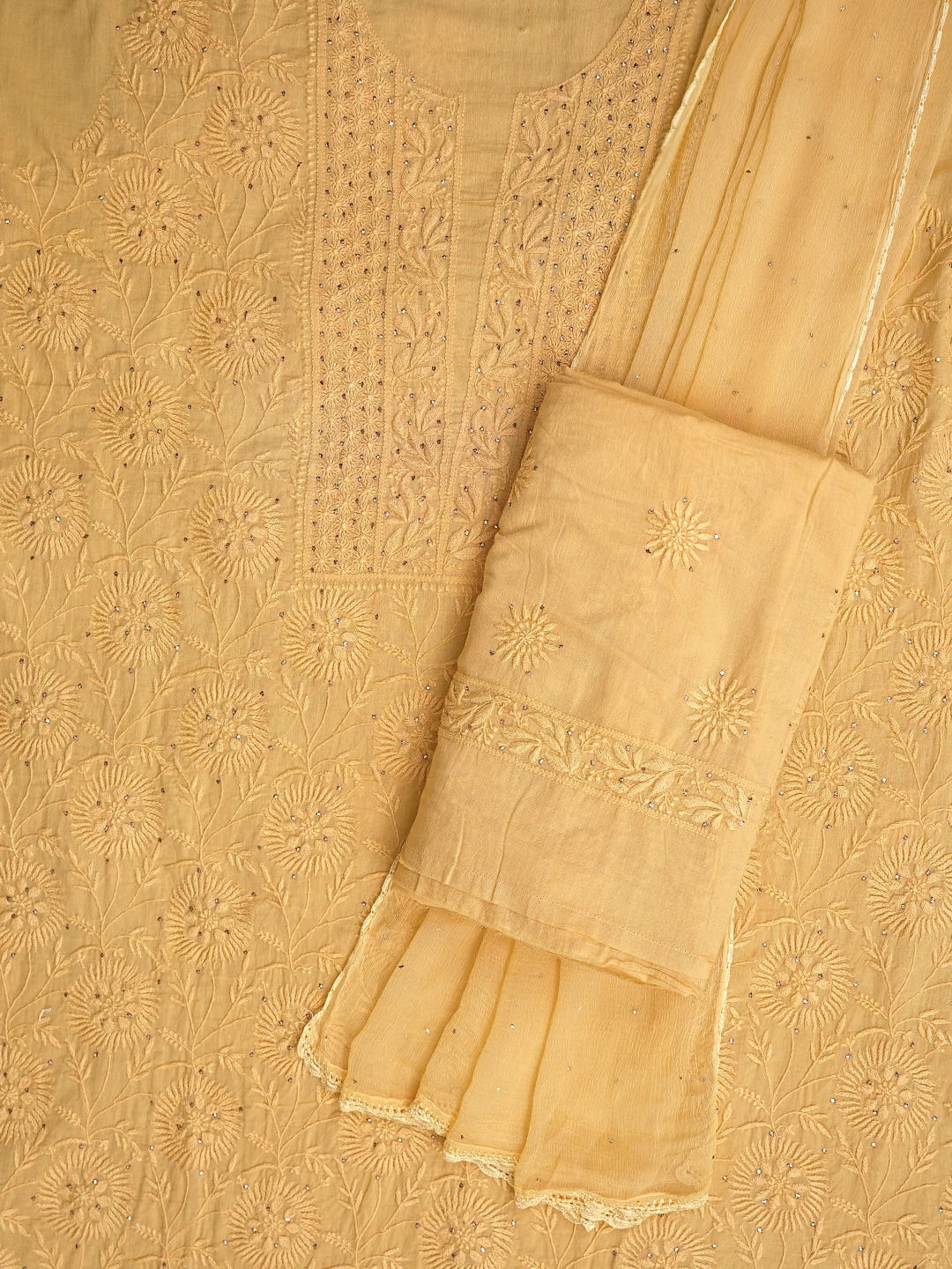 Ada Hand Embroidered California Peach Cotton Lucknowi Chikankari Unstitched Suit Piece With Muqaish Work 01A133639
