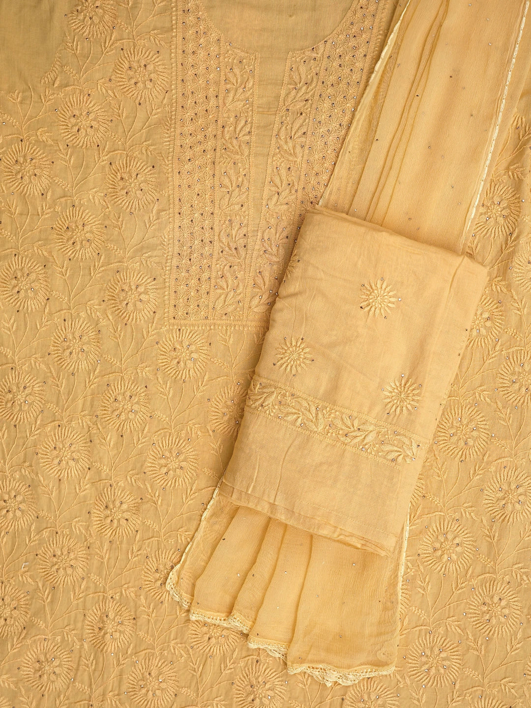 Ada Hand Embroidered California Peach Cotton Lucknowi Chikankari Unstitched Suit Piece With Muqaish Work 01A133639