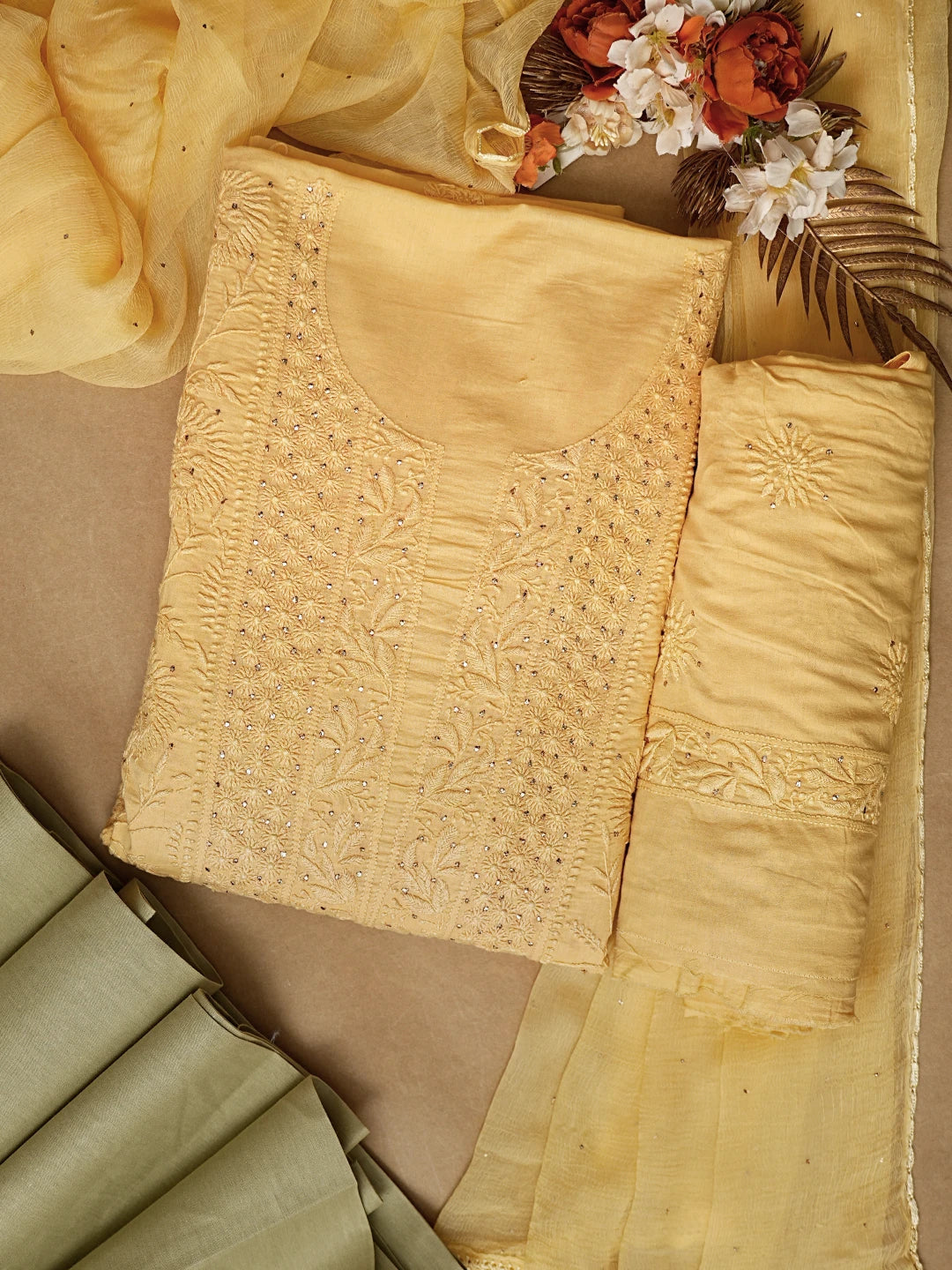 Ada Hand Embroidered California Peach Cotton Lucknowi Chikankari Unstitched Suit Piece With Muqaish Work 01A133639