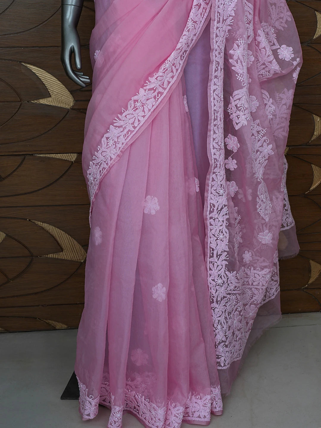Ada Hand Embroidered Pink Organza Lucknowi Chikankari Saree and Blouse 01A794115
