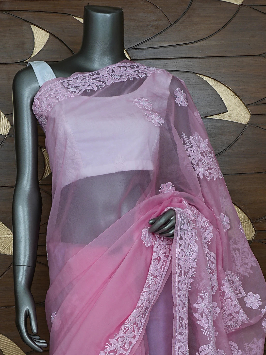 Ada Hand Embroidered Pink Organza Lucknowi Chikankari Saree and Blouse 01A794115