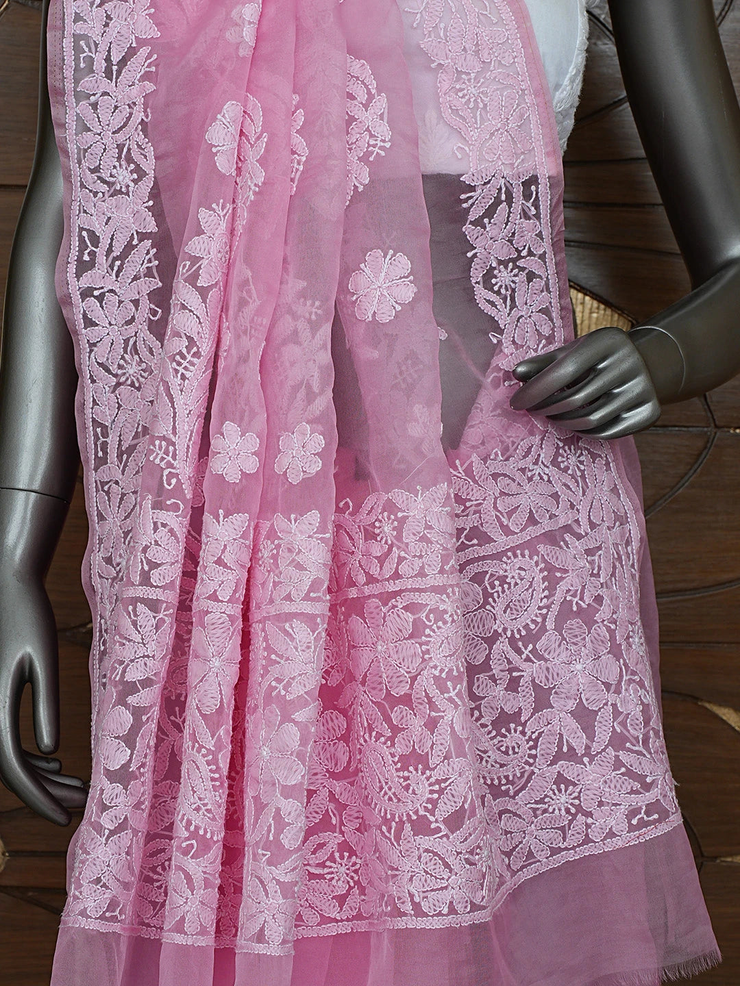 Ada Hand Embroidered Pink Organza Lucknowi Chikankari Saree and Blouse 01A794115