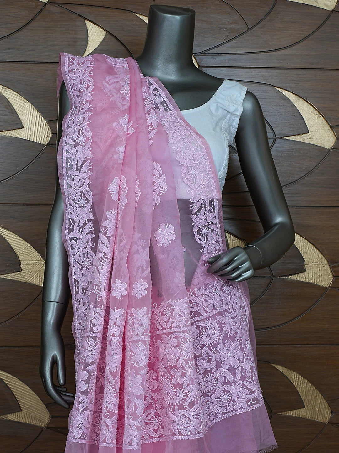 Ada Hand Embroidered Pink Organza Lucknowi Chikankari Saree and Blouse 01A794115