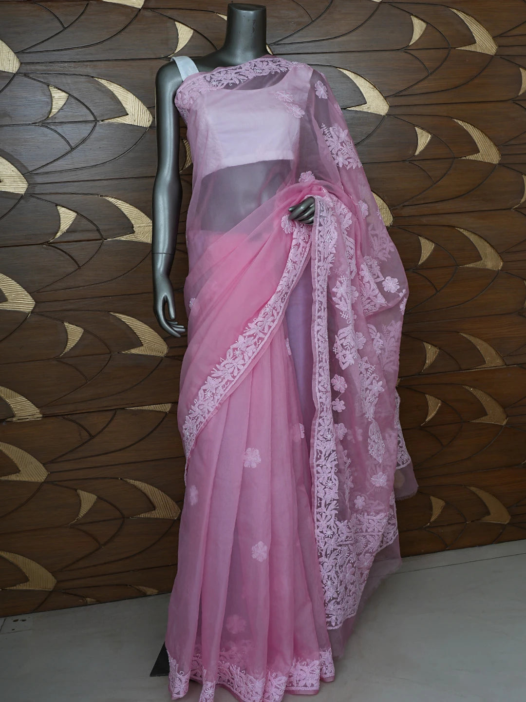 Ada Hand Embroidered Pink Organza Lucknowi Chikankari Saree and Blouse 01A794115