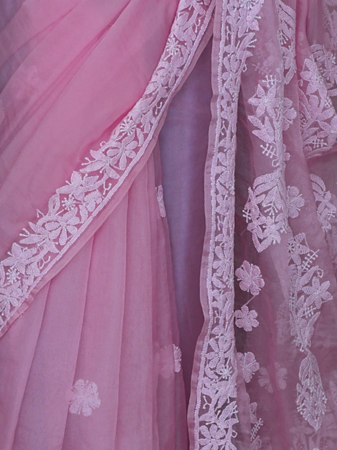 Ada Hand Embroidered Pink Organza Lucknowi Chikankari Saree and Blouse 01A794115