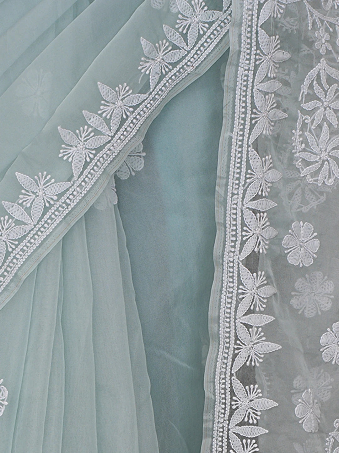 Ada Hand Embroidered Pista Green Organza Lucknowi Chikankari Saree and Blouse 01A794141