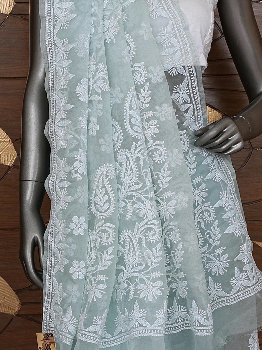 Ada Hand Embroidered Pista Green Organza Lucknowi Chikankari Saree and Blouse 01A794141