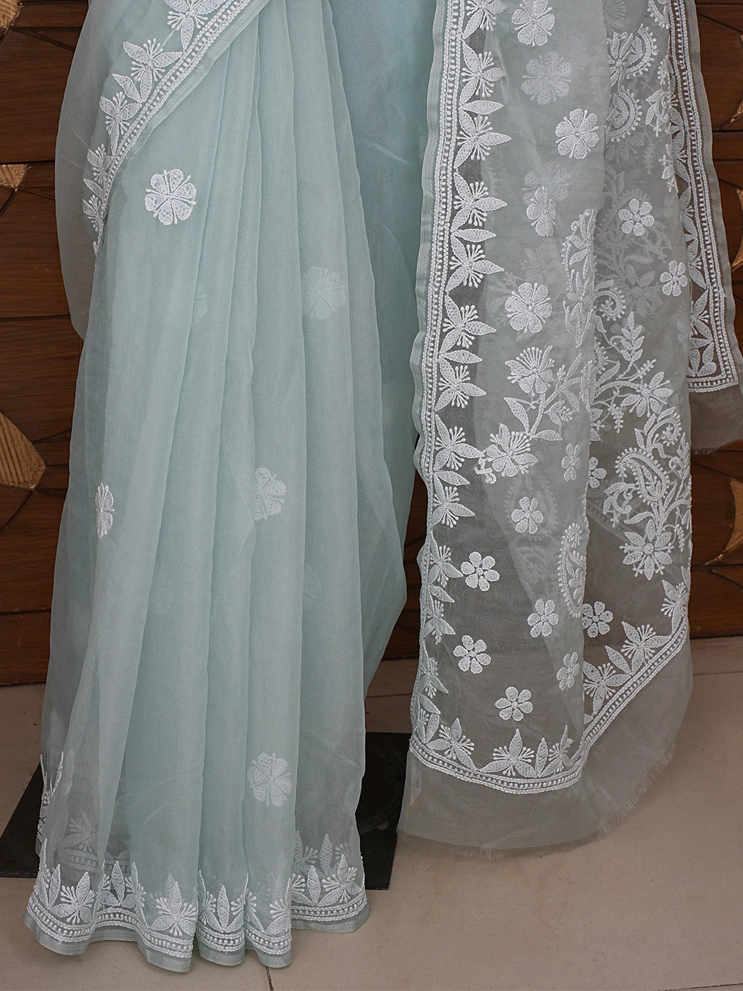 Ada Hand Embroidered Pista Green Organza Lucknowi Chikankari Saree and Blouse 01A794141