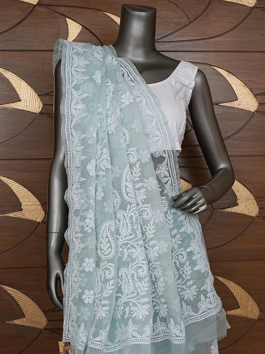 Ada Hand Embroidered Pista Green Organza Lucknowi Chikankari Saree and Blouse 01A794141