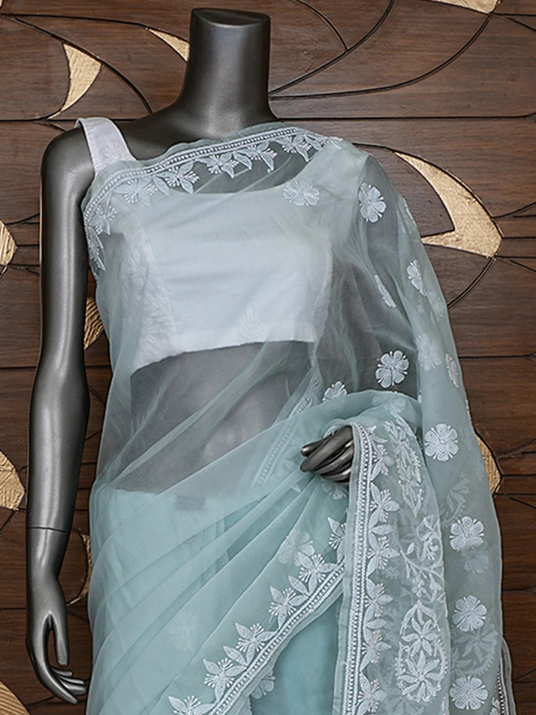 Ada Hand Embroidered Pista Green Organza Lucknowi Chikankari Saree and Blouse 01A794141