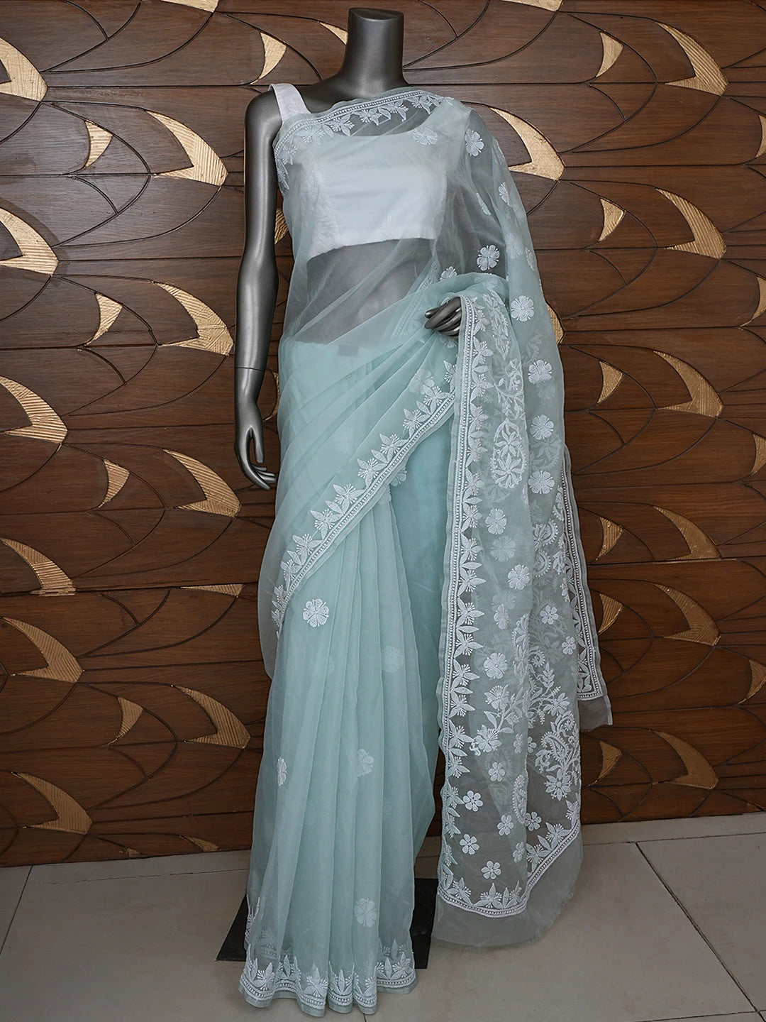 Ada Hand Embroidered Pista Green Organza Lucknowi Chikankari Saree and Blouse 01A794141