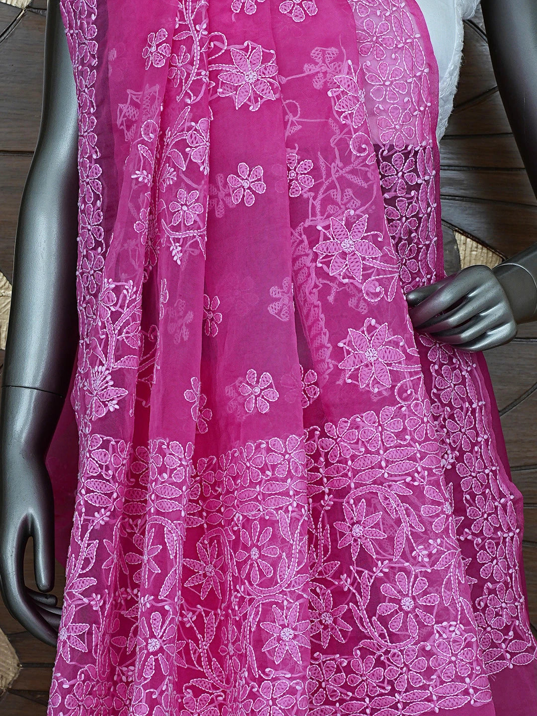 Ada Hand Embroidered Magenta Organza Lucknowi Chikankari Saree and Blouse 01A772247