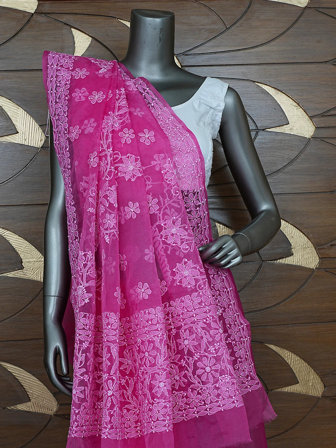 Ada Hand Embroidered Magenta Organza Lucknowi Chikankari Saree and Blouse 01A772247