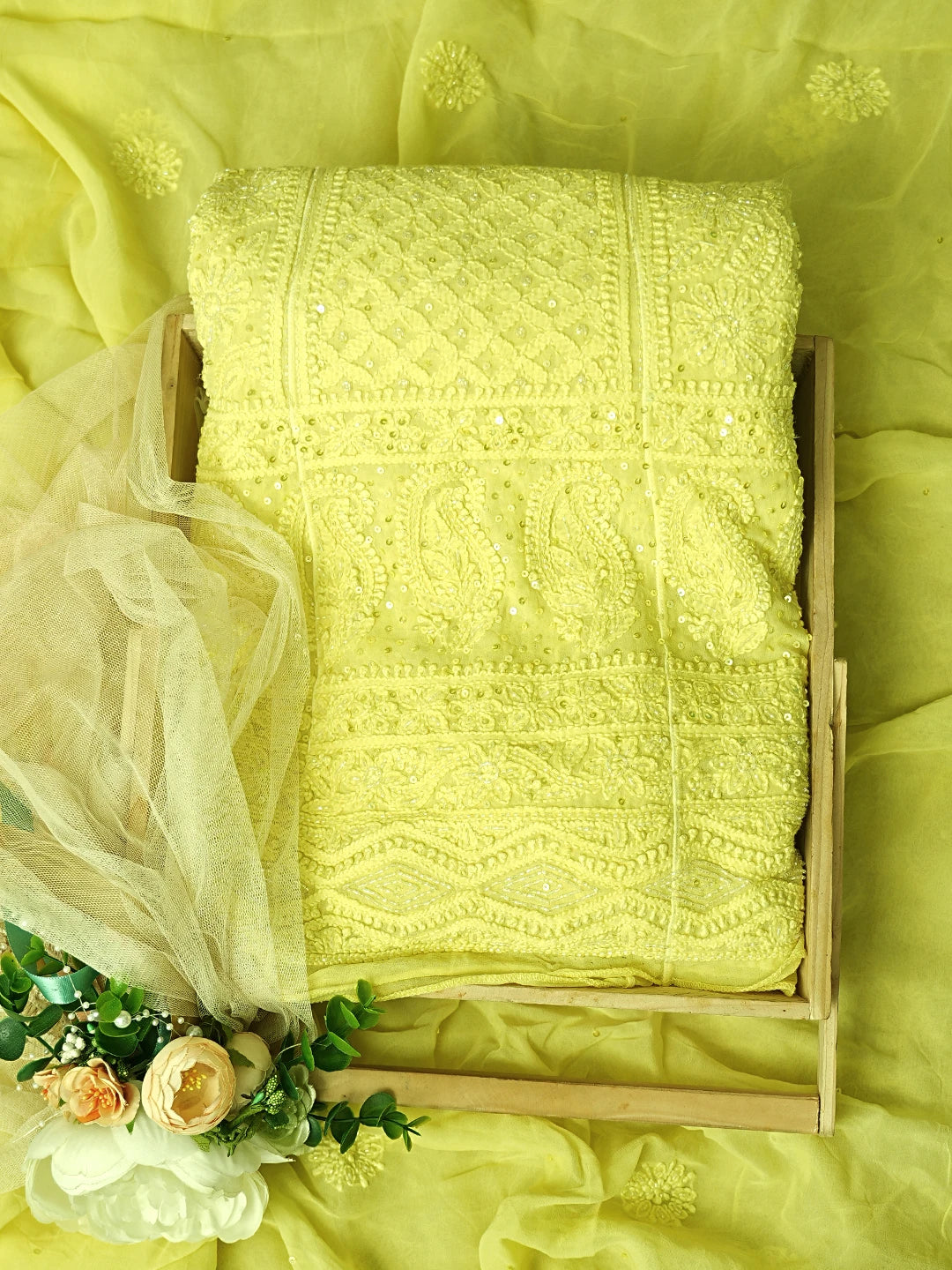Ada Hand Embroidered Lemon Viscose Georgette Lucknowi Chikankari Semi-Stitched Anarkali Kurta Dupatta Set With Cutdana Work 01A758756