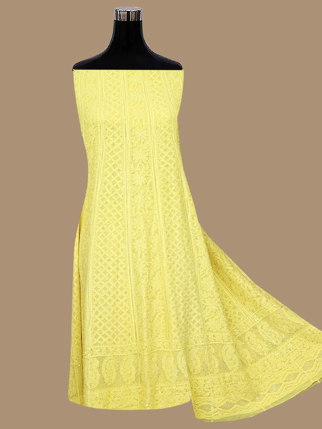 Ada Hand Embroidered Lemon Viscose Georgette Lucknowi Chikankari Semi-Stitched Anarkali Kurta Dupatta Set With Cutdana Work 01A758756