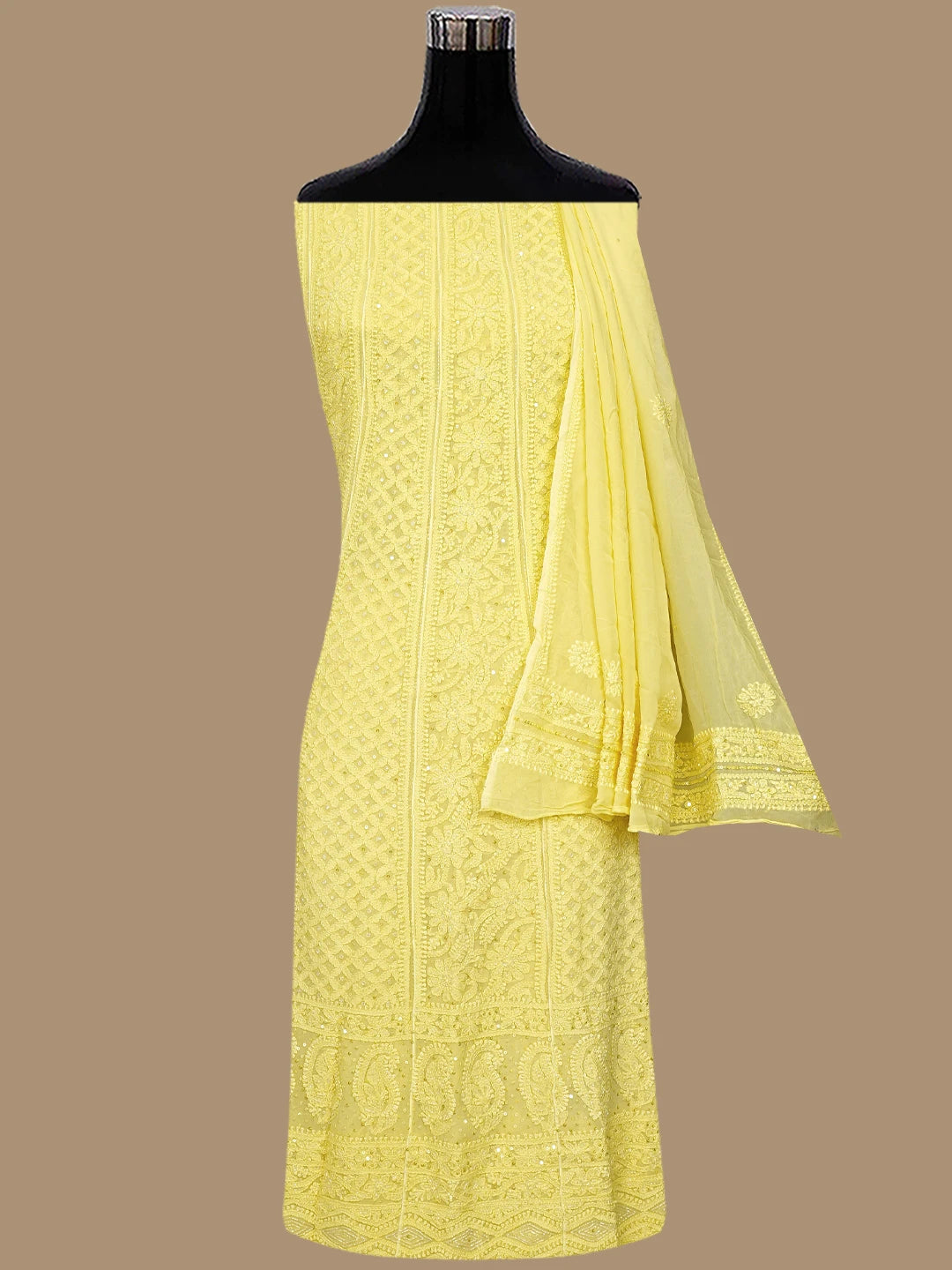Ada Hand Embroidered Lemon Viscose Georgette Lucknowi Chikankari Semi-Stitched Anarkali Kurta Dupatta Set With Cutdana Work 01A758756