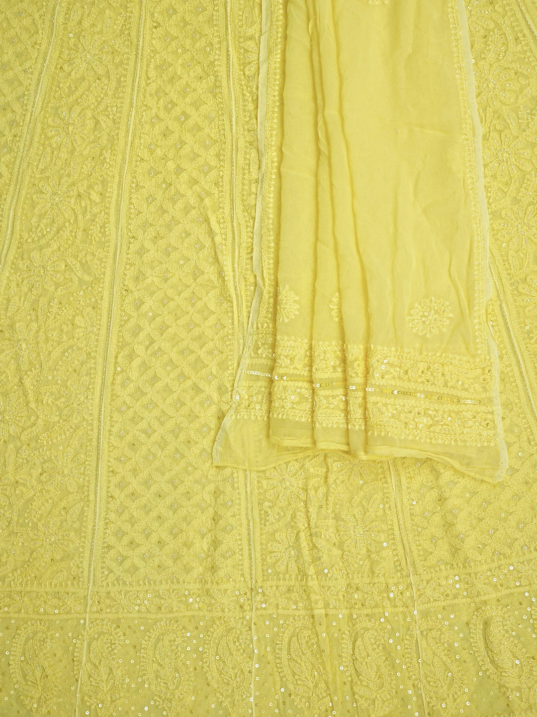 Ada Hand Embroidered Lemon Viscose Georgette Lucknowi Chikankari Semi-Stitched Anarkali Kurta Dupatta Set With Cutdana Work 01A758756