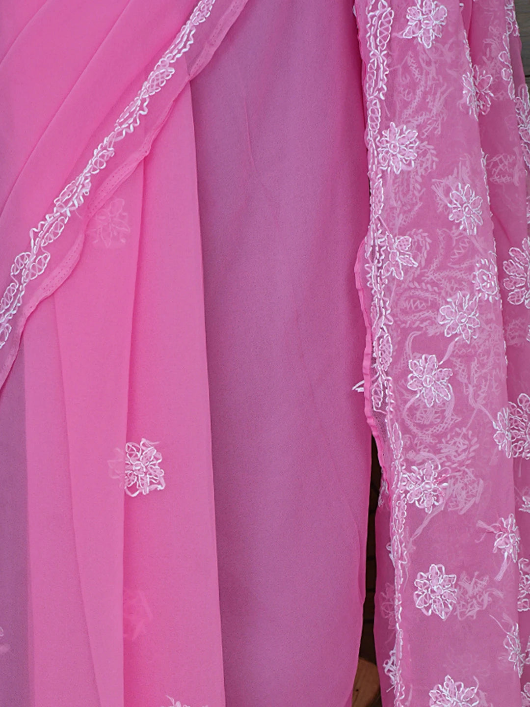 Ada Hand Embroidered Pink Georgette Lucknowi Chikankari Saree With Blouse 01A853659