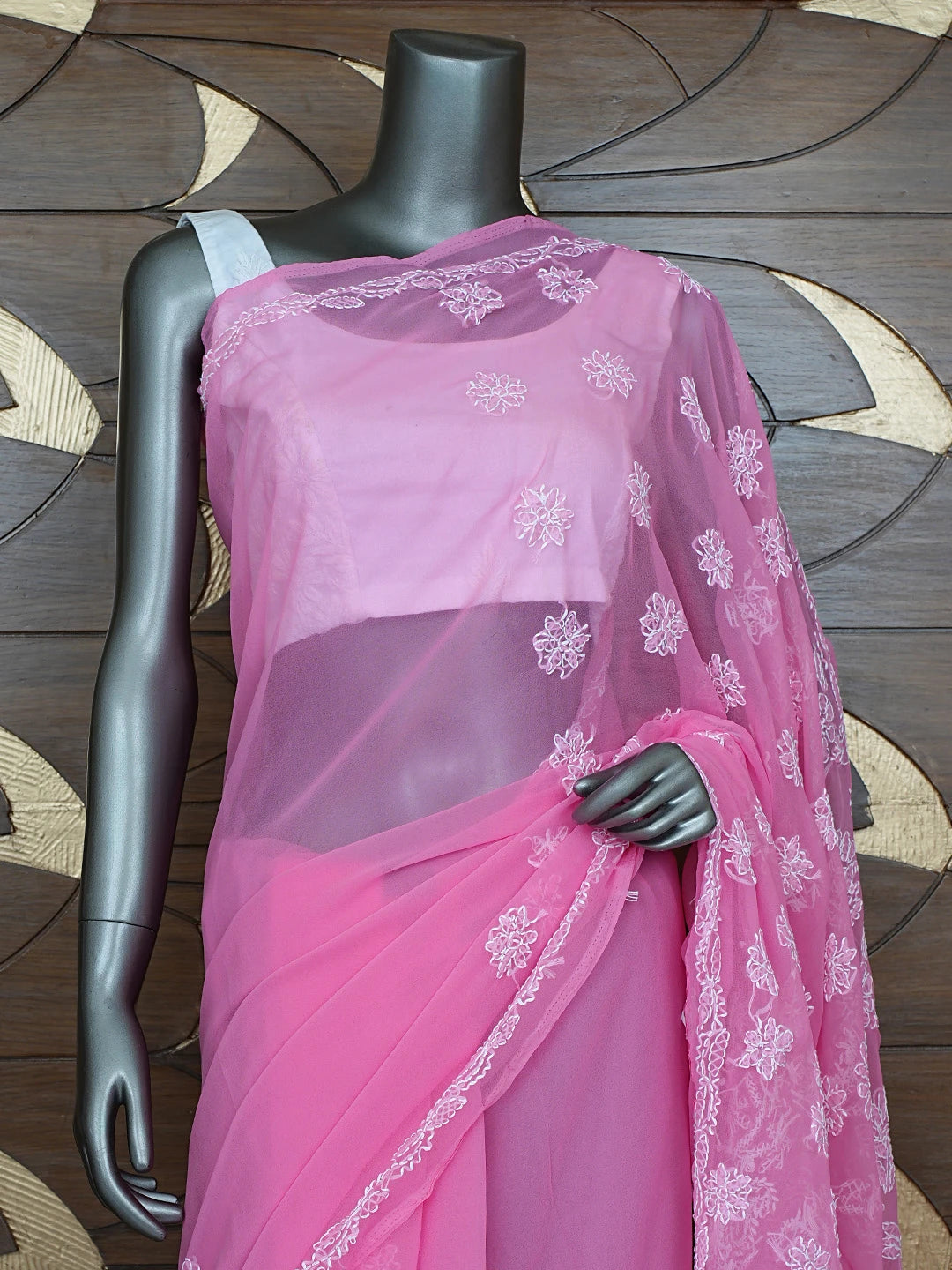 Ada Hand Embroidered Pink Georgette Lucknowi Chikankari Saree With Blouse 01A853659