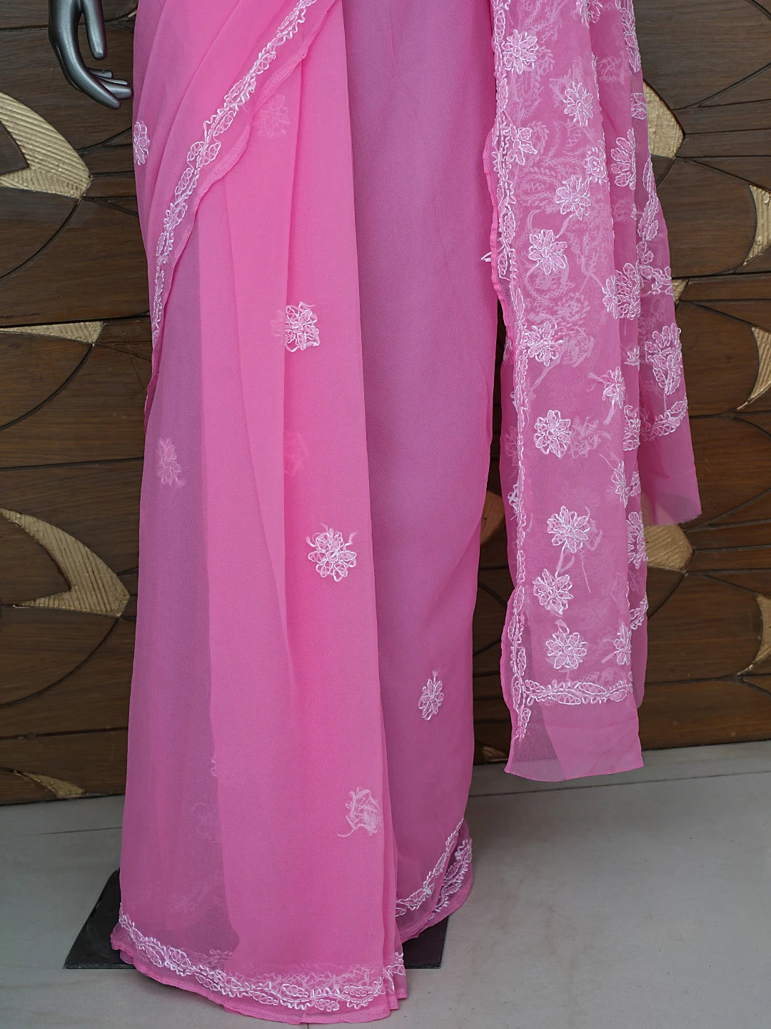 Ada Hand Embroidered Pink Georgette Lucknowi Chikankari Saree With Blouse 01A853659