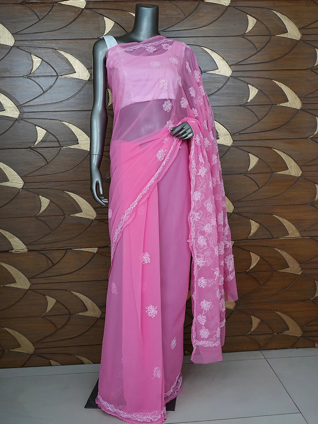 Ada Hand Embroidered Pink Georgette Lucknowi Chikankari Saree With Blouse 01A853659