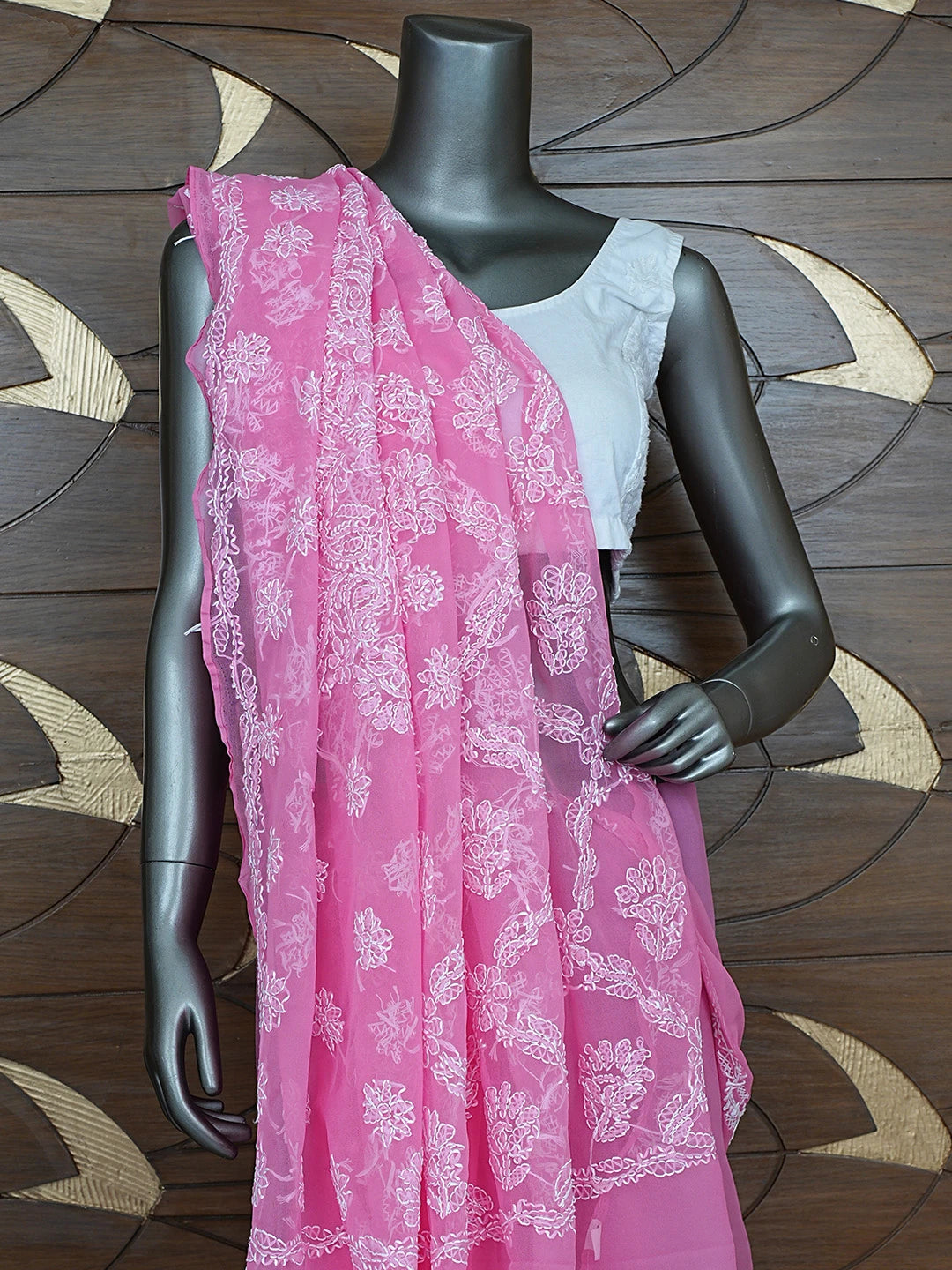 Ada Hand Embroidered Pink Georgette Lucknowi Chikankari Saree With Blouse 01A853659