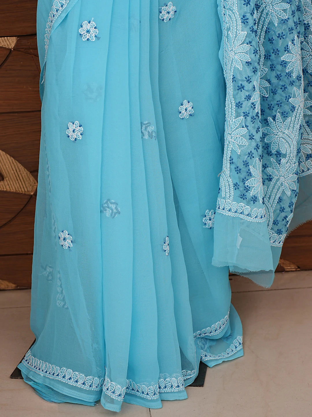 Ada Hand Embroidered Blue Georgette Lucknowi Chikankari Saree With Blouse 01A853692