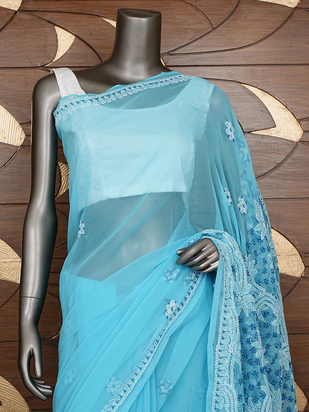 Ada Hand Embroidered Blue Georgette Lucknowi Chikankari Saree With Blouse 01A853692