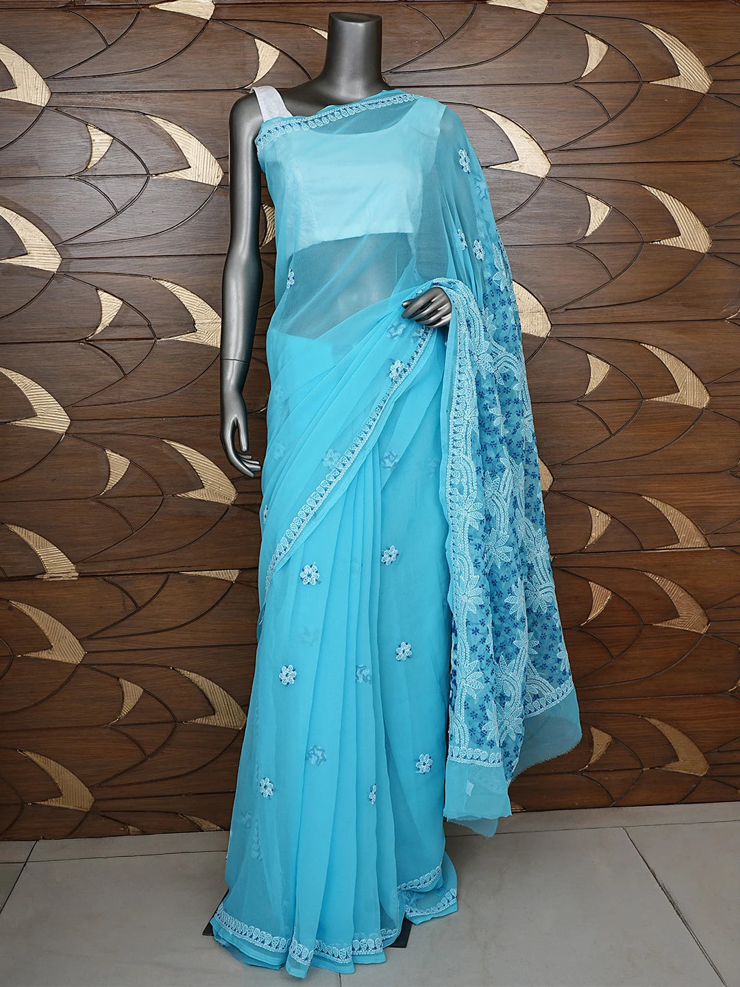 Ada Hand Embroidered Blue Georgette Lucknowi Chikankari Saree With Blouse 01A853692