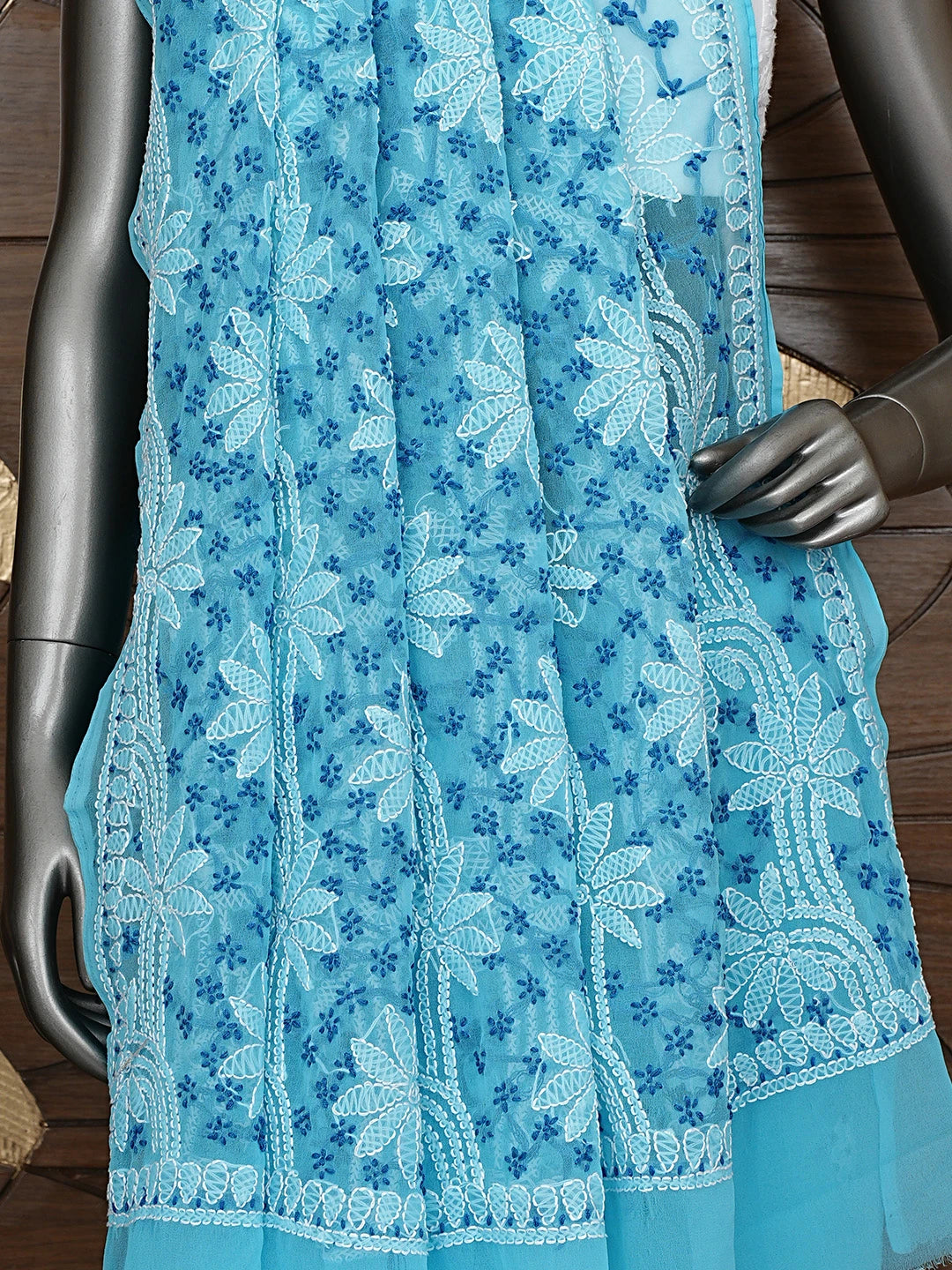 Ada Hand Embroidered Blue Georgette Lucknowi Chikankari Saree With Blouse 01A853692