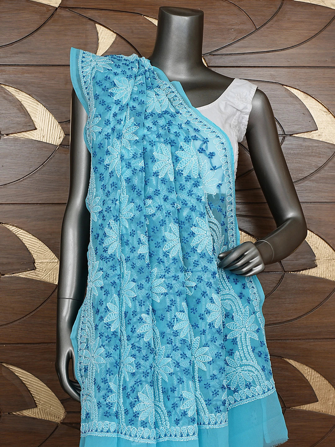 Ada Hand Embroidered Blue Georgette Lucknowi Chikankari Saree With Blouse 01A853692
