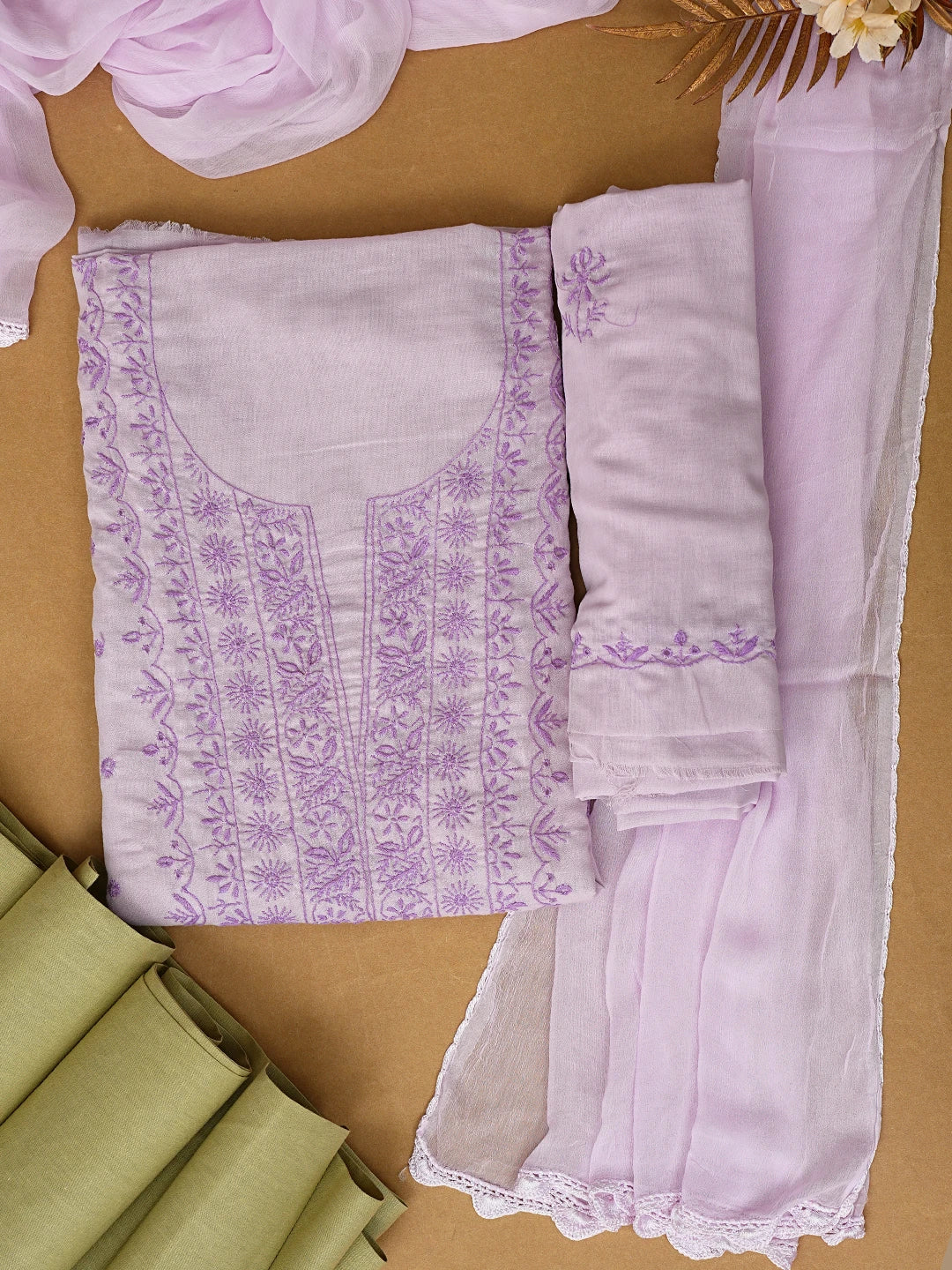 Ada Hand Embroidered Lilac Mauve Cotton Lucknowi Chikankari Unstitched Suit Piece 01A369756