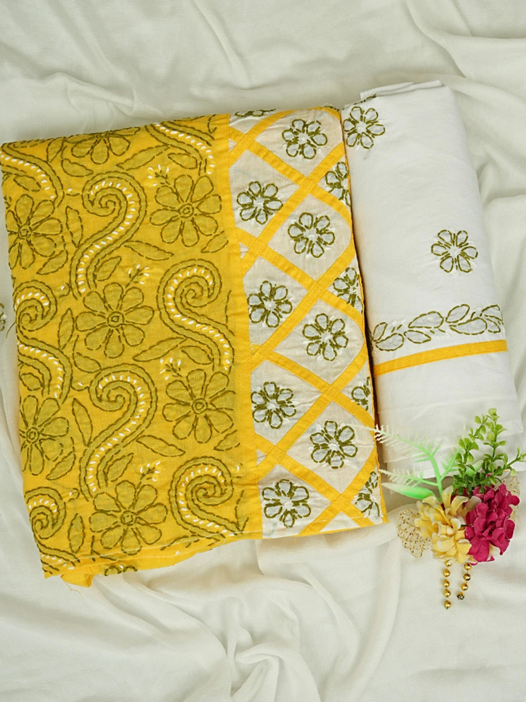 Ada Hand Embroidered Yellow And White Cotton Lucknowi Chikankari Unstitched Suit Piece 01A853044